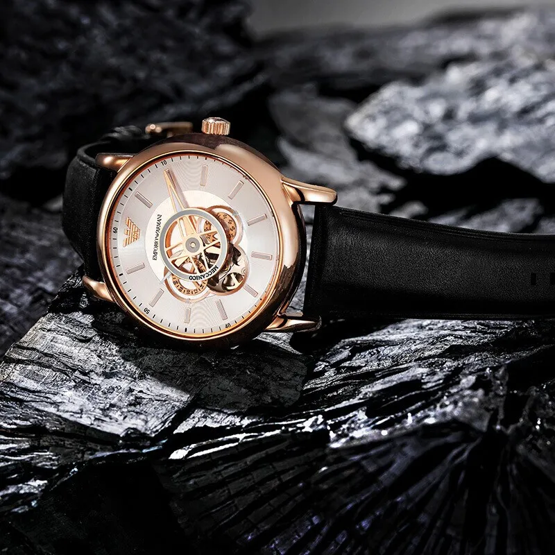 EMPORIO ARMANI Wrist Watch Mechanical Movement Leather Watch Bands Cut Out Dial Men's Watches-2