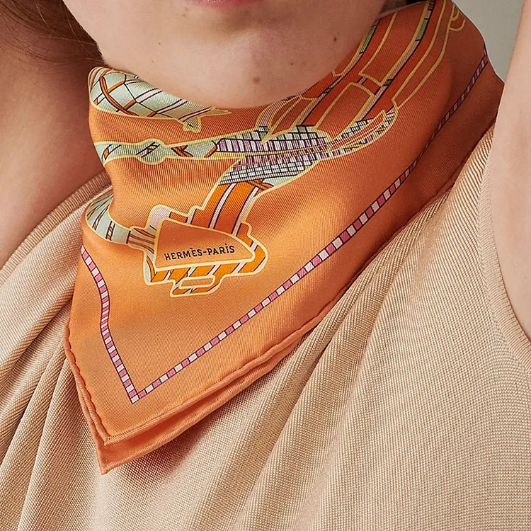 HERMES Silk Scarves Women's Apricot Yellow/Aqua Green-1