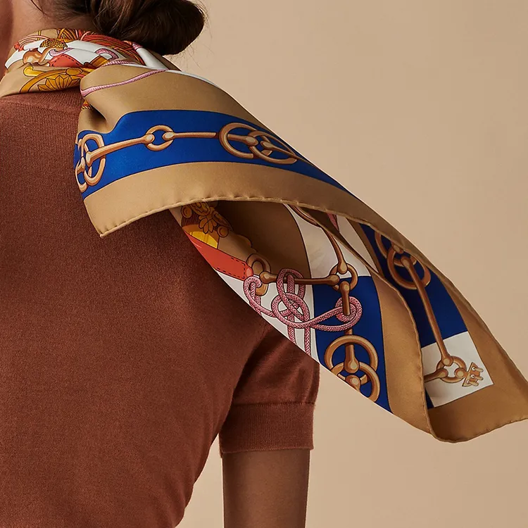 HERMES Silk Scarves Women's Camel/Indigo/Antique Gold-1