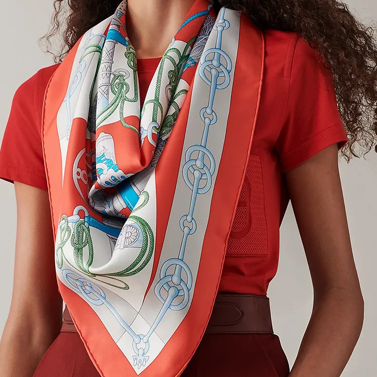 HERMES Silk Scarves Women's Garnet Red/Gray/Turquoise Blue-1