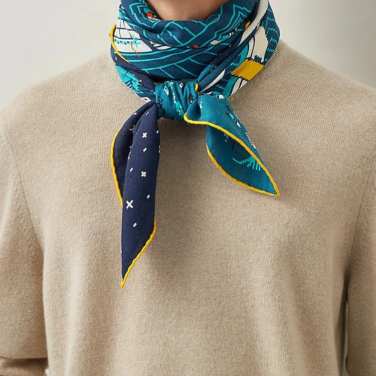 HERMES Silk Scarves Men Turquoise Blue/Marine Blue/Yellow-1