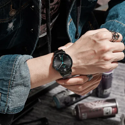 Welly Merck Automatic Mechanical Movement Men's Watches Wrist Watches Black Dial Stainless Steel Watchband