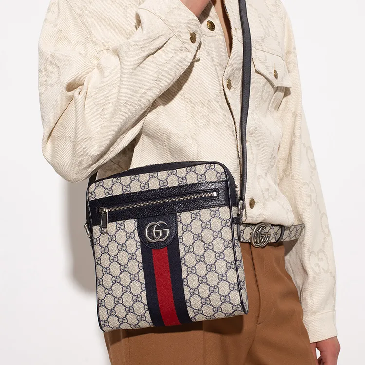 GUCCI Ophidia Canvas With Leather Trim Messenger Bag, Shoulder Bag, Crossbody Bag Trumpets Men's Beige/Blue-5