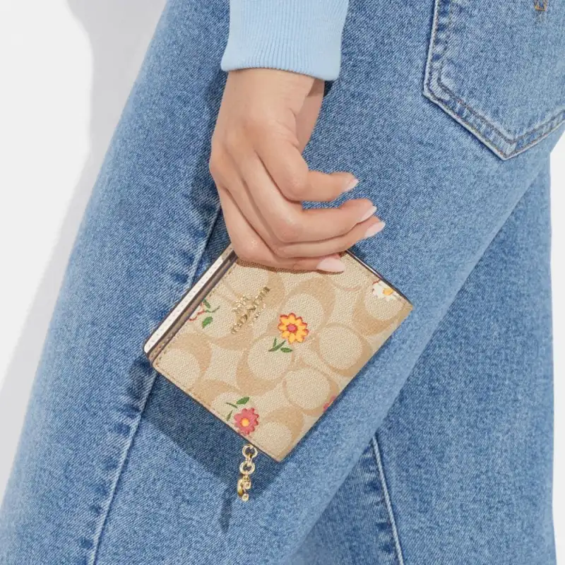 COACH Snap Wallet Canvas With Leather Clutch Wallet Women's Khaki-5