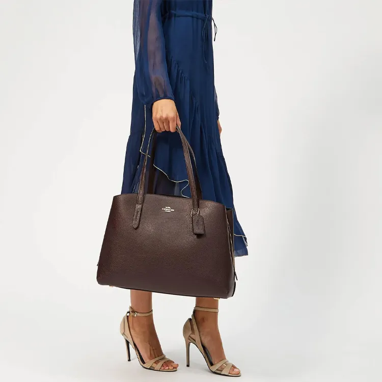 COACH Charlie Shiny Leather Tote Bag Shopping Bag Handbag Shoulder Bag Women's Coffee Brown-3