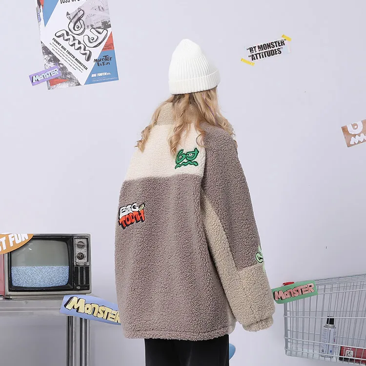 Bt Letter Colorblock Geometric Pattern Stand Collar Loose Fit Puffer Jacket Unisex Khaki-5