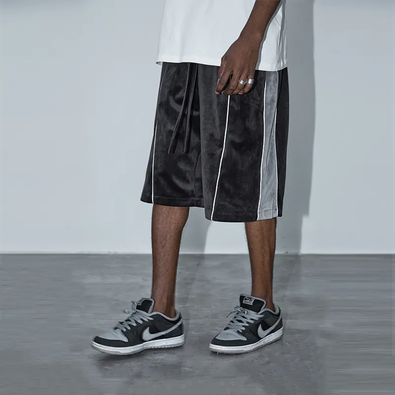 HARSH AND CRUEL 3M Reflective Stripe Velvet Patchwork Drawstring Loose Fit Casual 5 Inch Shorts Unisex-5