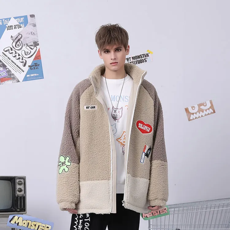 Bt Letter Colorblock Geometric Pattern Stand Collar Loose Fit Puffer Jacket Unisex Khaki-8