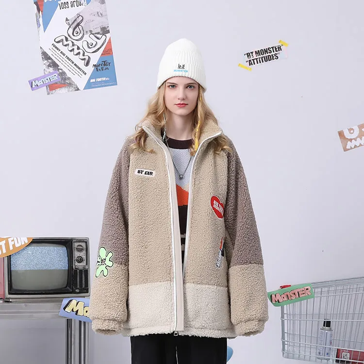 Bt Letter Colorblock Geometric Pattern Stand Collar Loose Fit Puffer Jacket Unisex Khaki-4