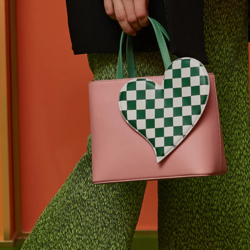 STAR TOWN Cow Leather Heart Bag, Checkerboard Bag, Crossbody Bag, Handbag Regular Women's Multicolor-6