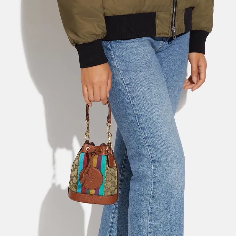 COACH Dempsey Fabric With Cow Leather Bucket Bags Handbags Shoulder Bag Crossbody Bag Mini Women's Khaki-4