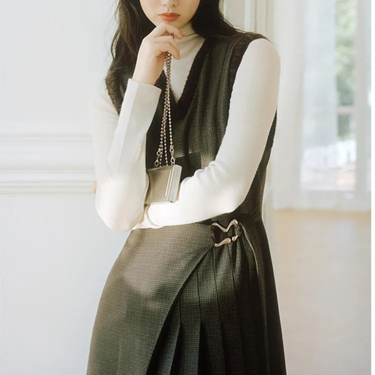 Even Vintage Pleated Skirt Mid-Length Dress Gray-2