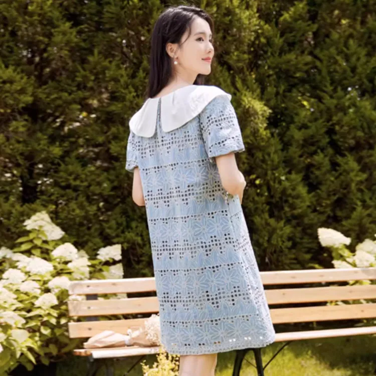 XIANGYING Short Sleeved Dresses Women's Blue-1