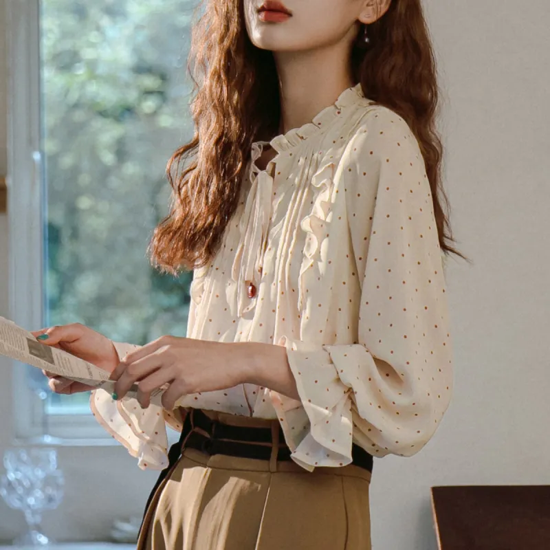 ANNECHEN Dot Lace Up Shirt Spring, Summer And Autumn Women's Apricot-2