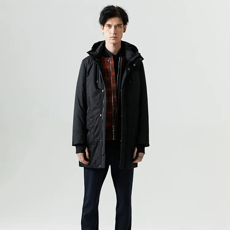 DAVID NAMAN Solid Color Hooded Mid Length Down Jacket Men's Black-3