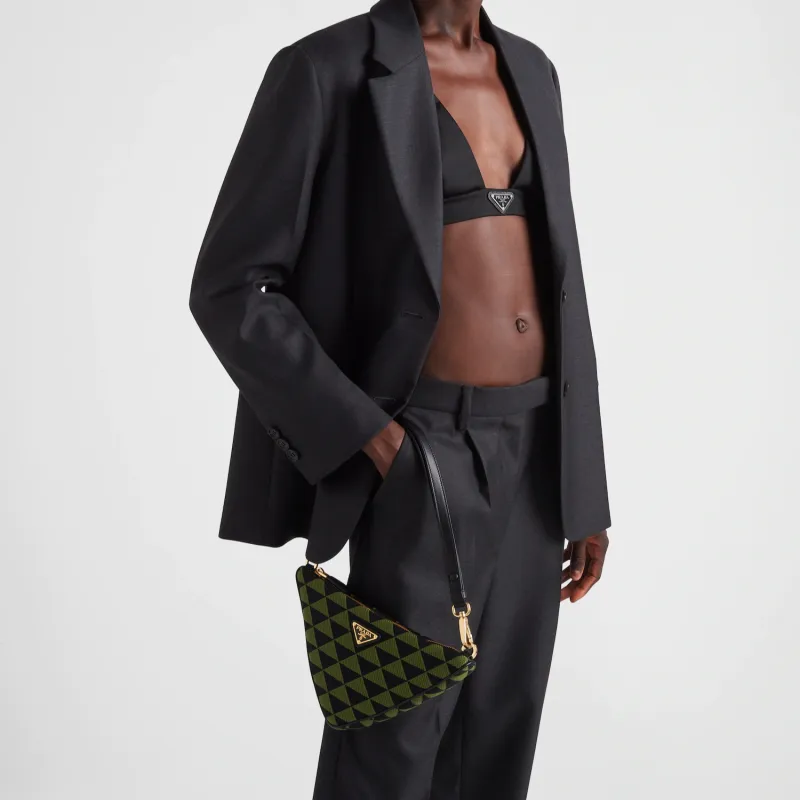 PRADA Triangle Leather With Fabric Triangle Bag Handbag Handbag Mini Women's Black/Ivy Green-5