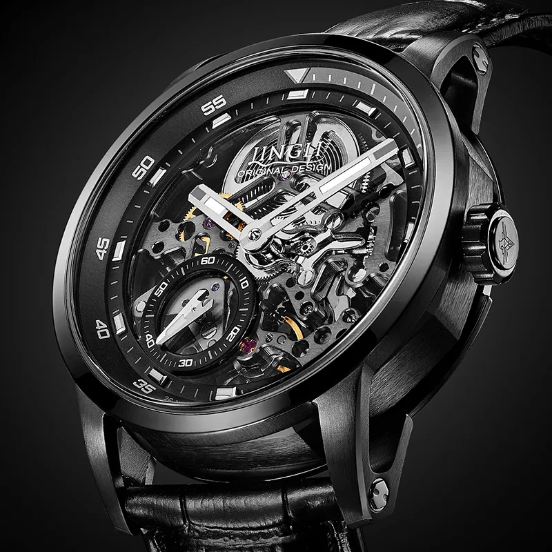 JINLERY Machine Automatic Mechanical Movement Genuine Leather Strap Watch Men's Watches Cut-Out Dial J9033-4