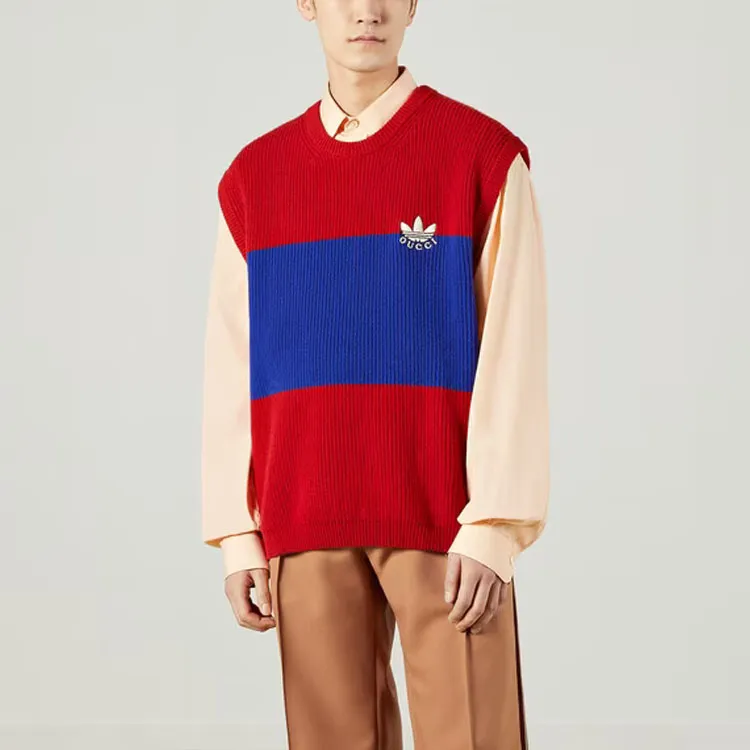 GUCCI X Adidas Originals FW22 Embroidered Colorblock Crew Neck Sleeveless Sweater Red-2
