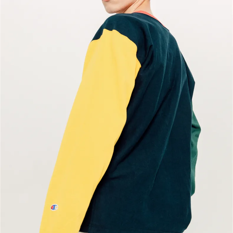 Champion Straight Long Sleeved T Shirt Japan Version Unisex Dark Blue Patchwork-3
