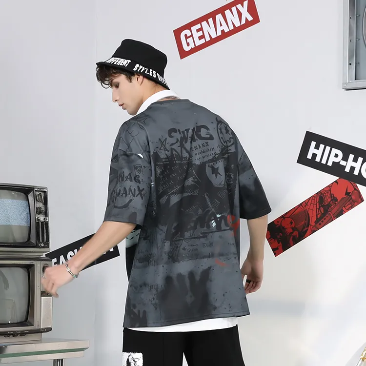 GENANX Straight Elbow Length Sleeved T Shirt Unisex Black Gray Color-3