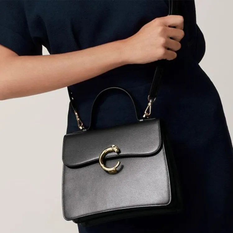 CARTIER Panthère De Cartier Calfskin Shoulder Bag Crossbody Bag Handbag Small Size Women's Black-7