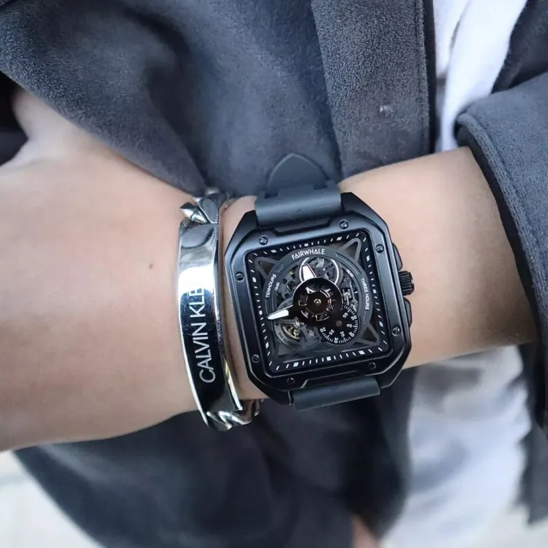 FAIRWHALE Starlight Collection Men's Watch Automatic Mechanical Movement Rubber Strap Watch Men's Watches Cut Out Dial-2