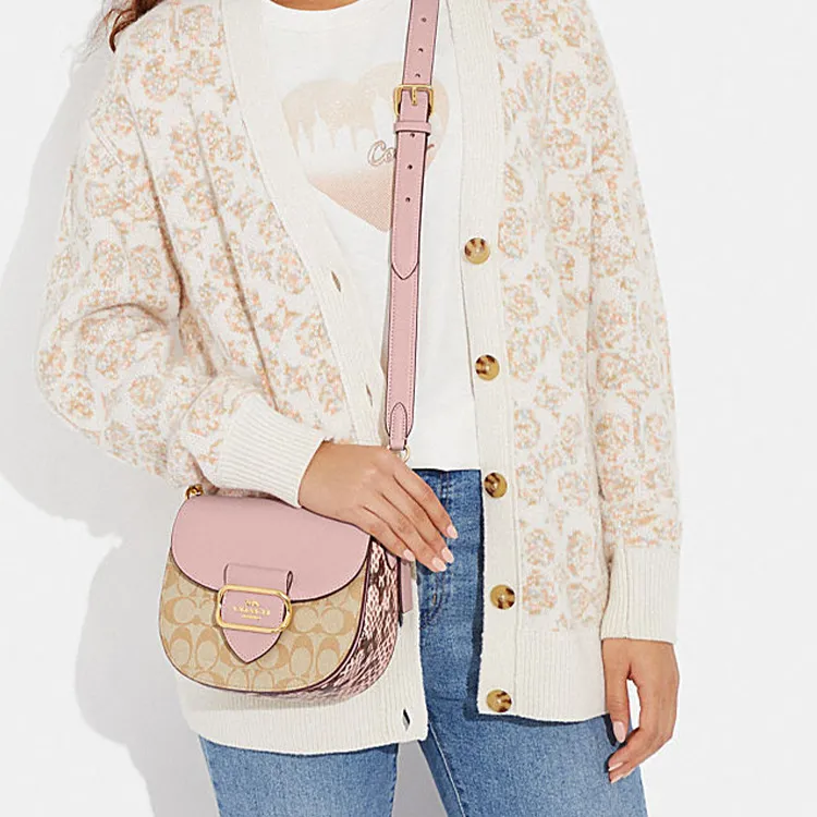 COACH Morgan Canvas With Sheepskin Saddle Bag Shoulder Bag Crossbody Bag Small Size Women's Khaki Monogram & Pink-3