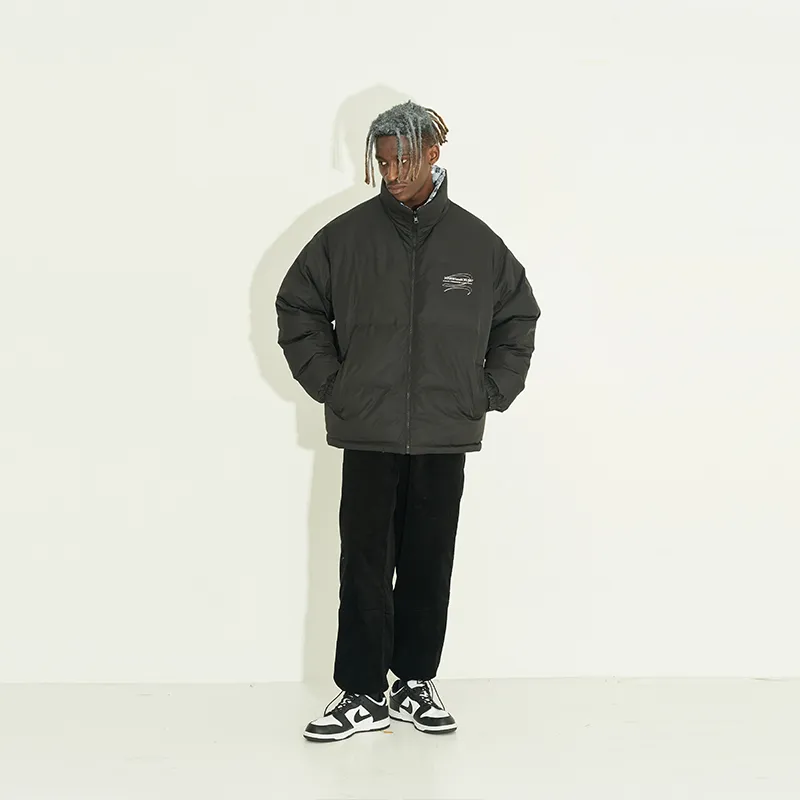 HARSH AND CRUEL Abstract Pattern Solid Color Stand Collar Loose Fit Thickened Puffer Jacket Unisex Black-5