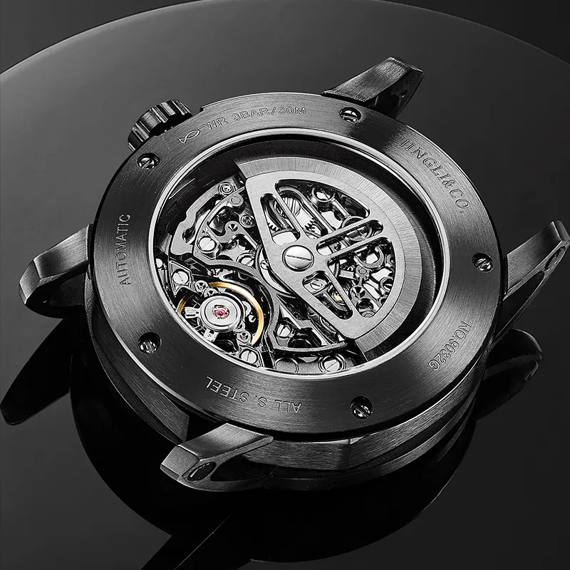 JINLERY Machine Automatic Mechanical Movement Genuine Leather Strap Watch Men's Watches Cut-Out Dial J9033-7