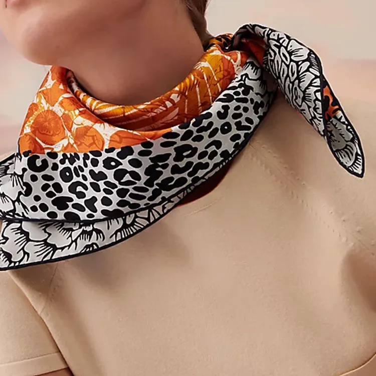 HERMES Silk Scarves Women's Orange/Black-1
