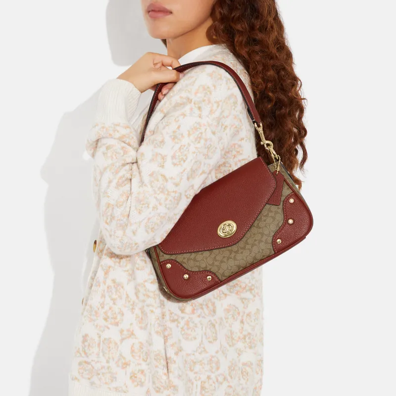 COACH Coated Canvas With Refined Pebbled Leather Handbag Shoulder Bag Women's Khaki With Terracotta-3