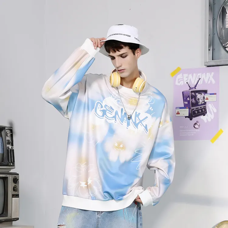 GENANX Crew Neck Loose Fit Regular Sweatshirt Unisex White Blue-3