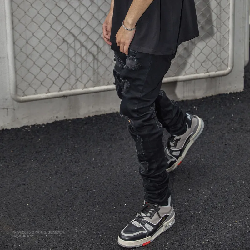 P.M.W Ripped Pants Jeans Men's Black-4