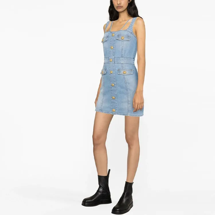 BALMAIN Button Detailed Sleeveless Denim Dress-4