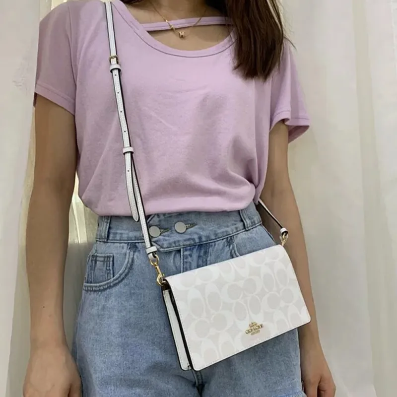 COACH Anna Canvas With Leather Flap Bag One Shoulder Handbag Crossbody Bag Women's Glacier White-5