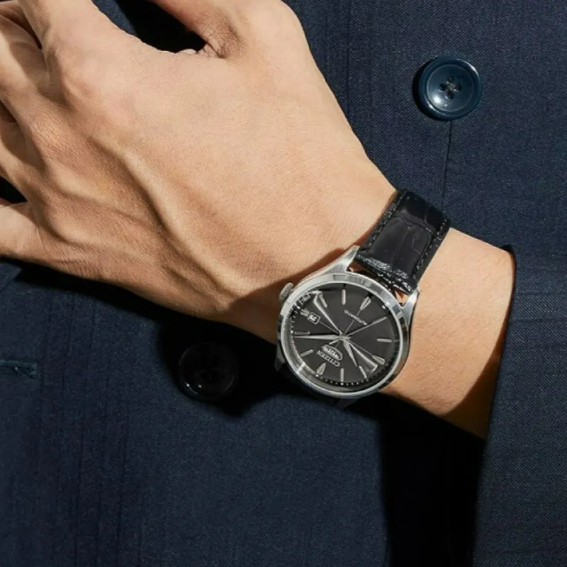 CITIZEN Mechanical Watch Series Mechanical Movement Cow Leather Strap Watch Men's Watches Black Dial-4