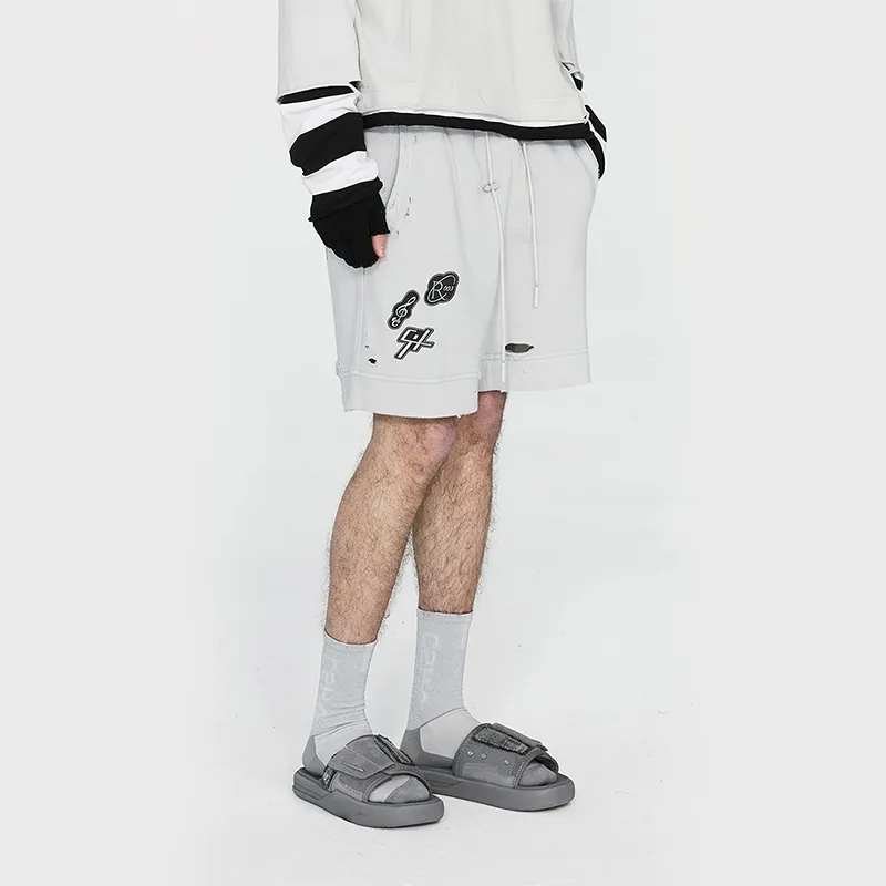 C2H4 Patched Ruin Distressed Sweat Shorts-11