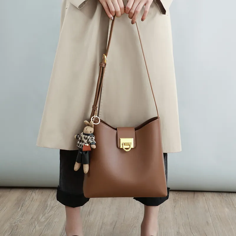 VINEY Cow Leather Bucket Bags Crossbody Bag Shoulder Bag Large Size Women's Caramel-2