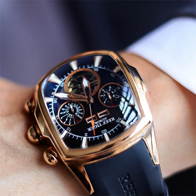 REEF TIGER Aurora Collection Tank II Automatic Mechanical Movement Watch Men's Watches Black Dial-5