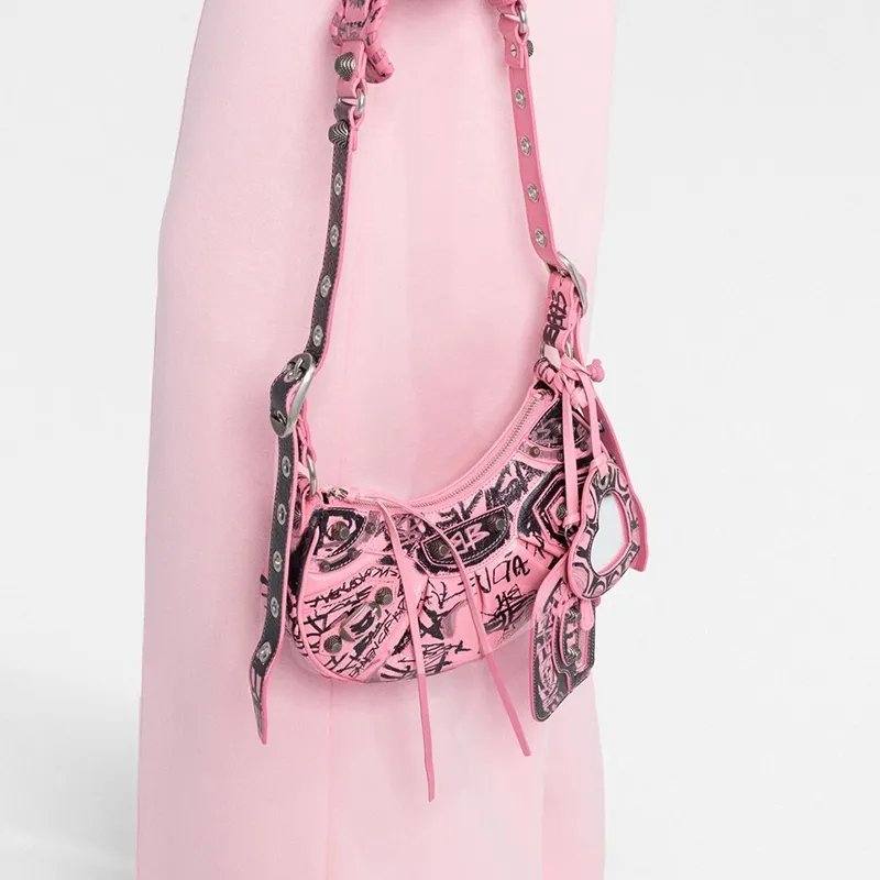 Balenciaga Le Cagole Calfskin Biker Bag, Dumpling Bag, Shoulder Bag, Crossbody Bag Extra Small Women's Black/Pink-5