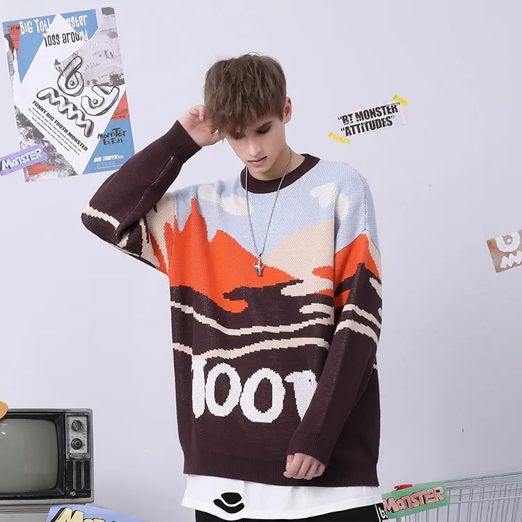 Loose Fit Sweater Unisex Blue Brown-6