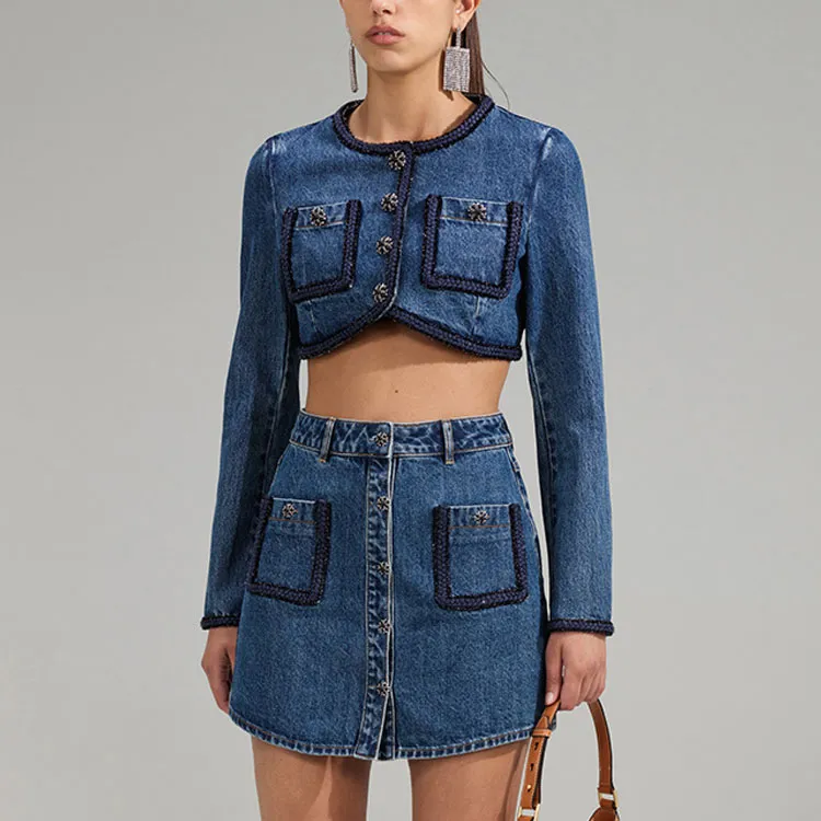 Self portrait SS23 Cropped Coats Women's Denim Blue-2