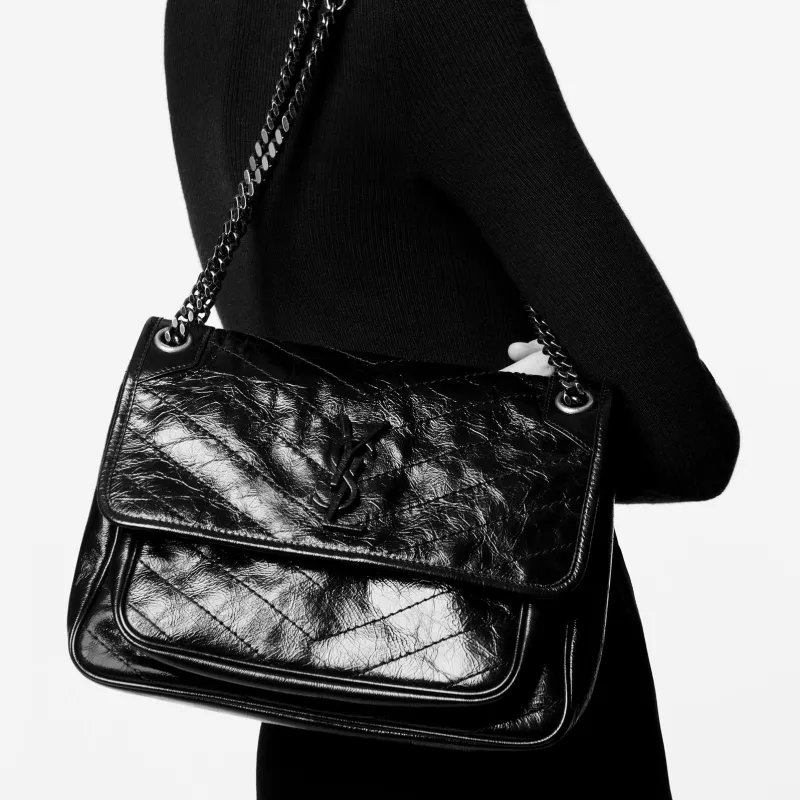 SAINT LAURENT Niki Cow Leather Hobo Bag, Portable Crossbody Bag, Shoulder Bag Medium Size Women's Black-6