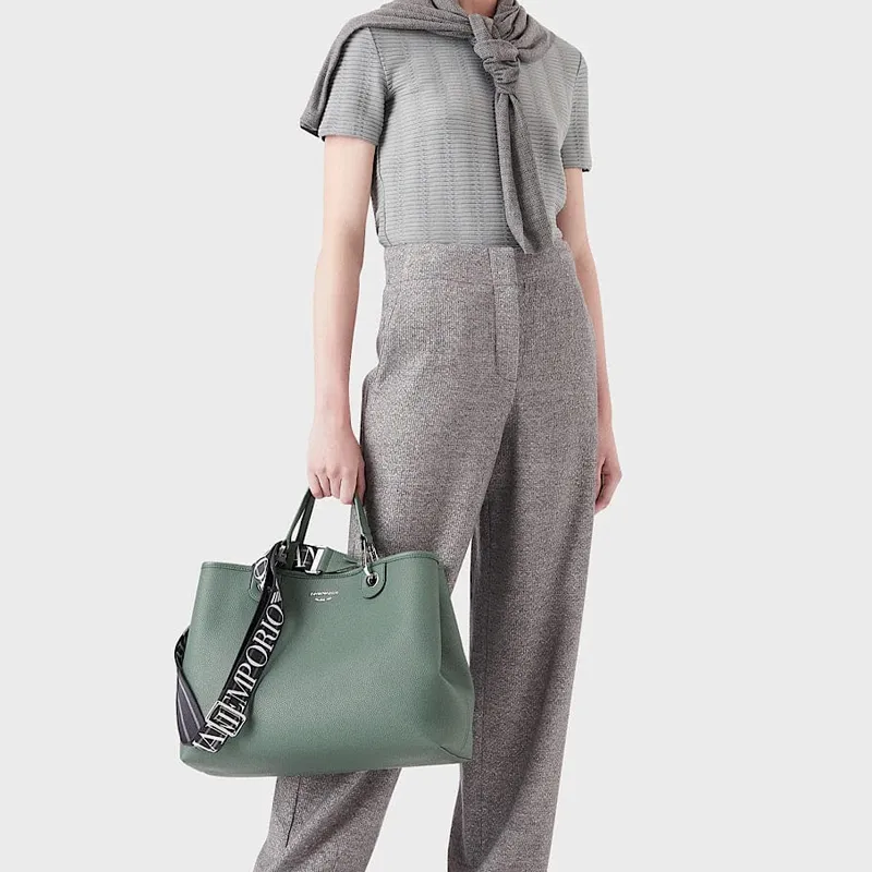 EMPORIO ARMANI Leather Crossbody Tote Bag, Handbag Women's Green-3