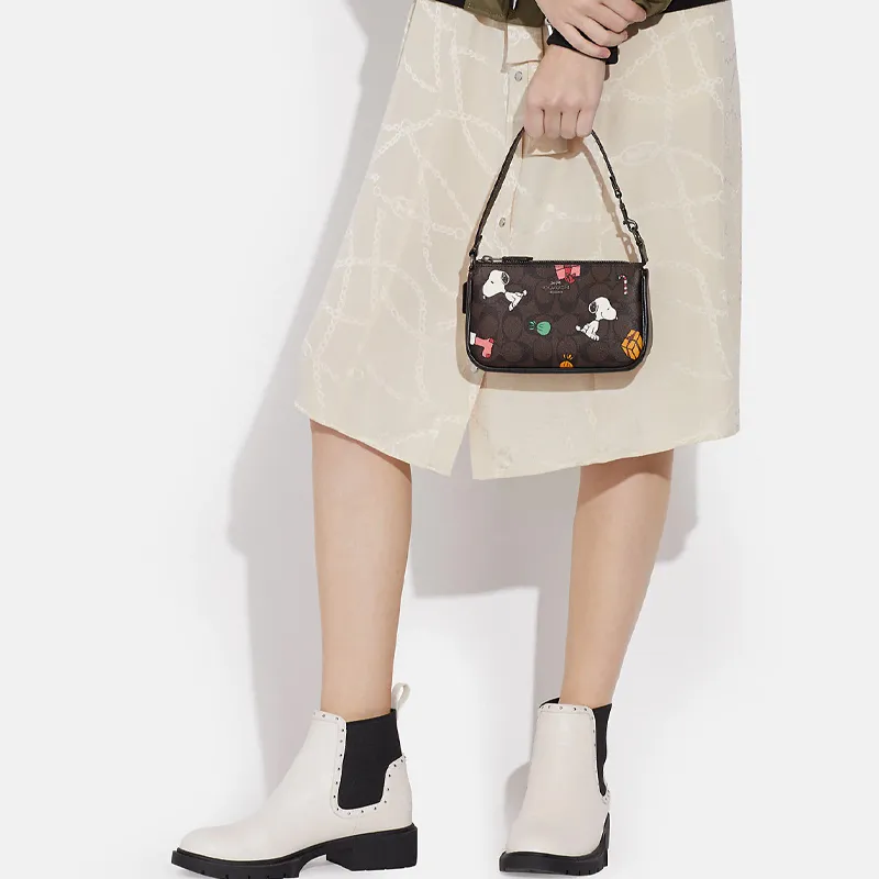 COACH Peanuts Snoopy Collaboration Nolita Canvas With Leather Wrist Bag Handbag Small Size Women's Brown & Black-3