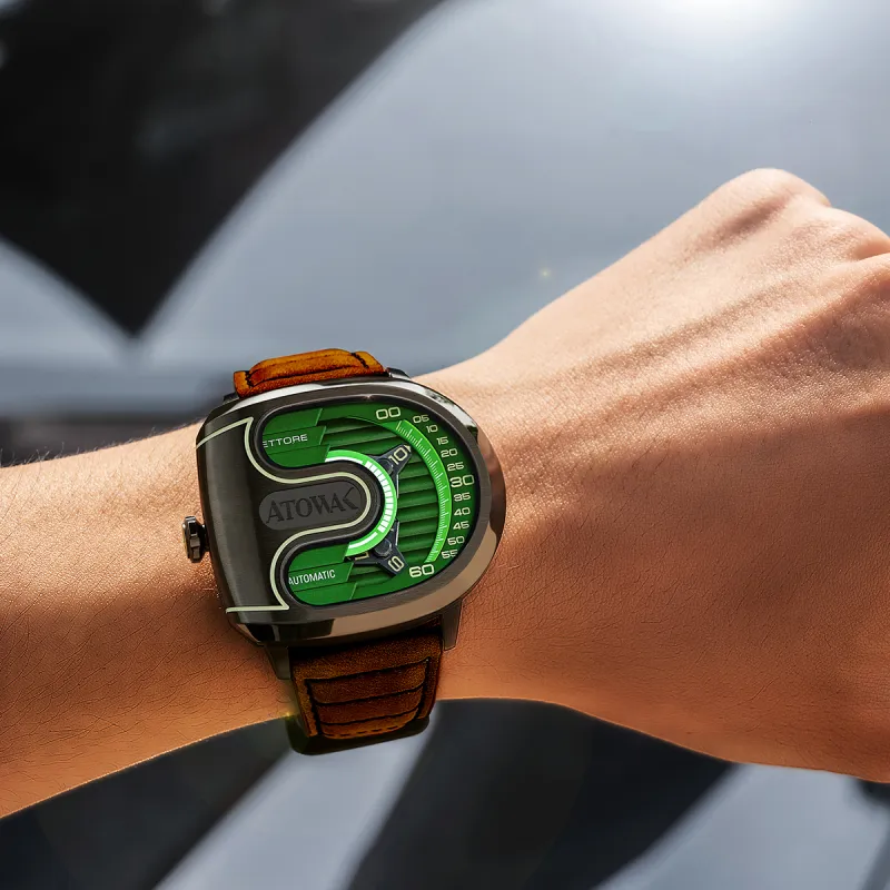 ATOWAK Wind-chasing Series Wrist Watch Automatic Mechanical Movement Genuine Leather Strap Green Dial Men's Watches-4