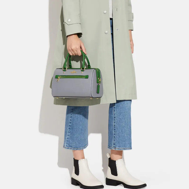 COACH Rowan Cross Grain Leather Boston Bag, Handbag, Shoulder Bag, Crossbody Bag Large Size Women's Gray & Green-5