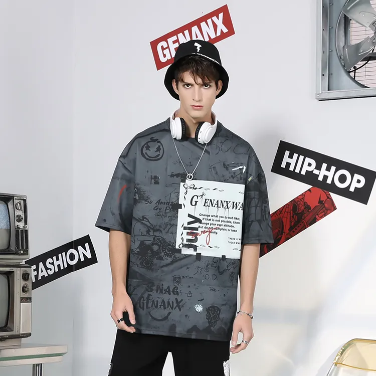 GENANX Straight Elbow Length Sleeved T Shirt Unisex Black Gray Color-2