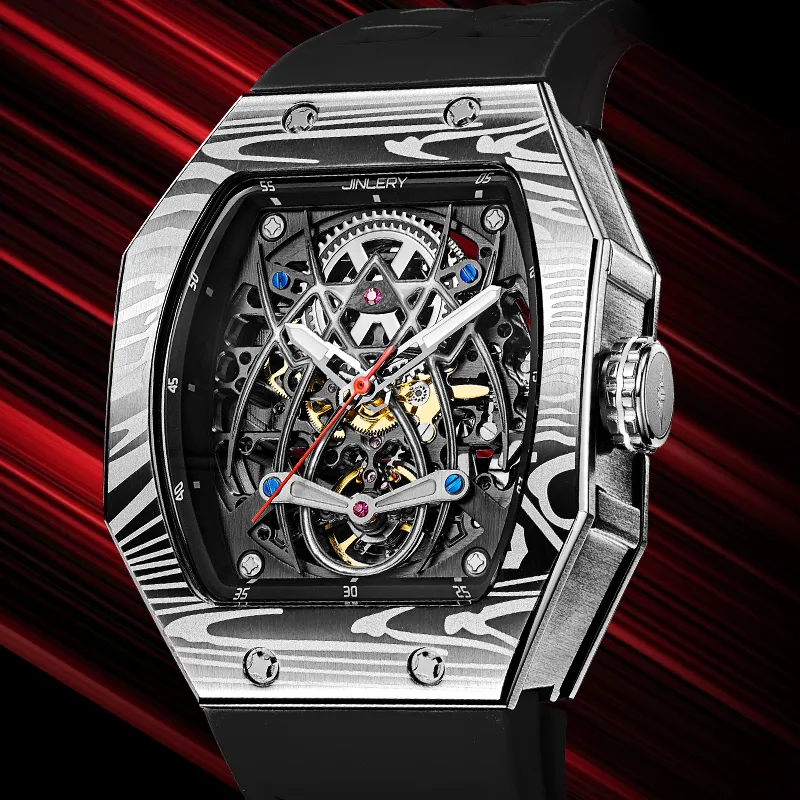JINLERY Spider Collection Automatic Mechanical Movement Silicone Strap Watch Men's Watches Cut-Out Dial-4