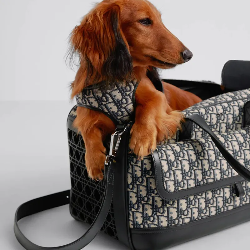 DIOR Hit The Road Oblique Print Patchwork Smooth Cow Leather Pet Bag Handbag Unisex Beige/Black-7